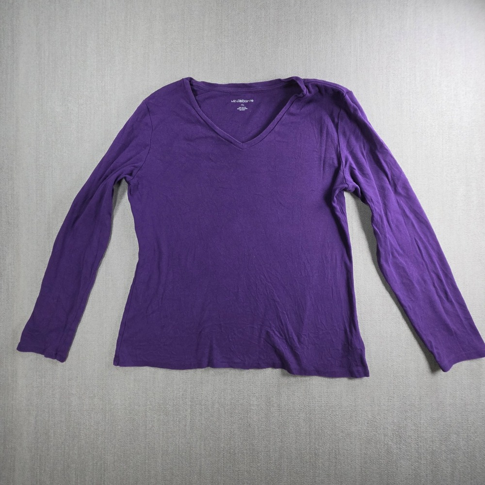 Liz‎ Claiborne V-Neck Top Women XL Purple Long Sleeve 100% Cotton Tee